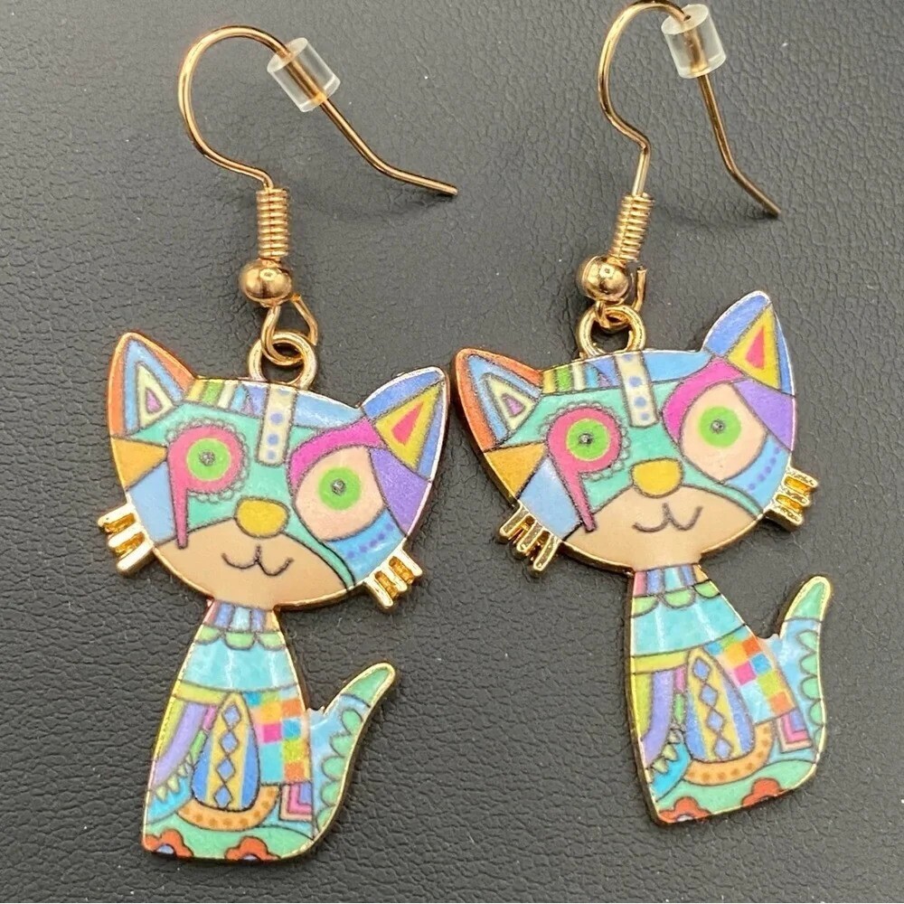 Mosaic Kitty Cat Earrings Pierced